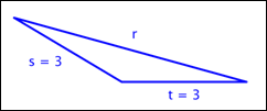 An obtuse triangle shows sides R, S, and T.  Side S equals 3, side T equals 3, and side R does not have a measurement. 
