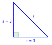 A right triangle shows sides R, S, and T. Side S equals 3, side T equals 3, and side R does not have a measurement. 
