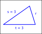 An acute triangle shows sides R, S, and T. Side S equals 3, side T equals 3, and side R does not have a measurement. 
